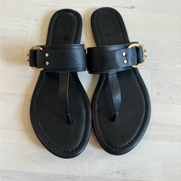 Tory Burch Marsden Flat Thong Sandal Black Leather Size 7 With Dust Bag - Picture 6 of 9